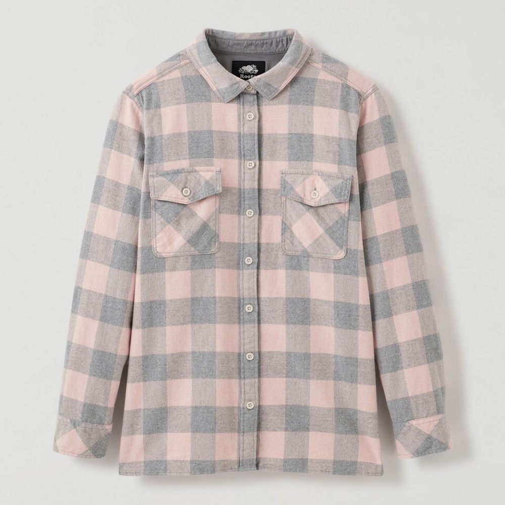 Roots Park Plaid Pastel Pink Grey Shacket Flannel Button Down Long Sleeve Thick